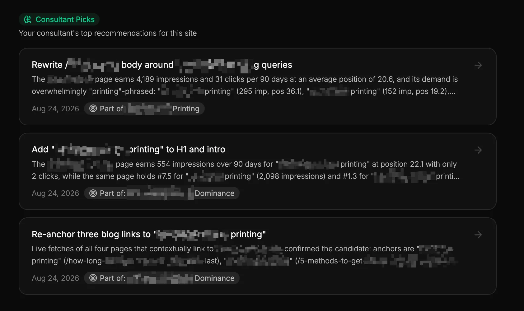 Rank-Hub Consultant Picks: three prioritized Blueprints for one site, each with the Search Console evidence behind it