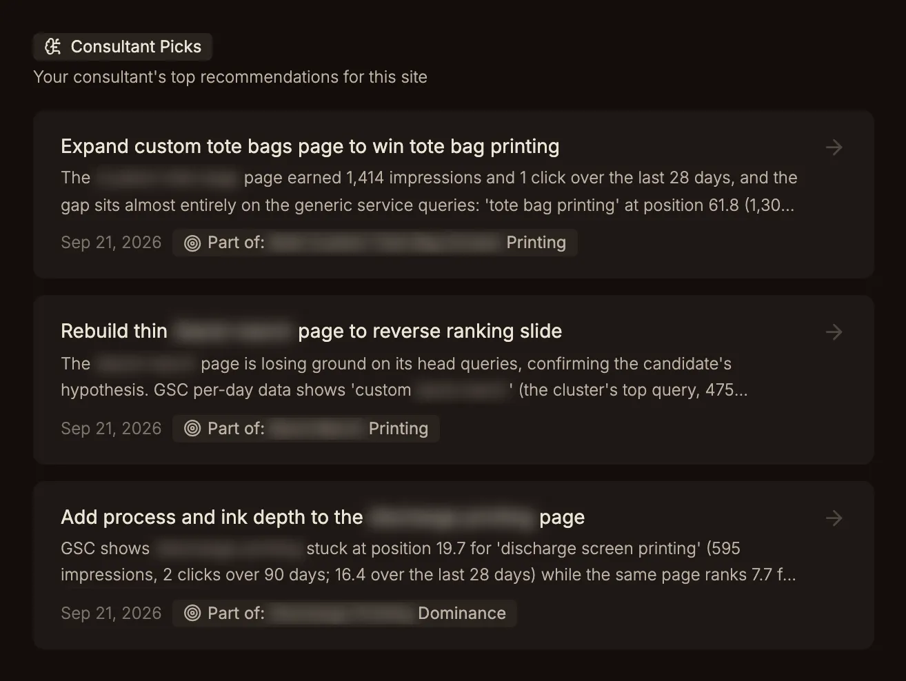 Rank-Hub Consultant Picks: three prioritized Blueprints for one site, each with the Search Console evidence behind it