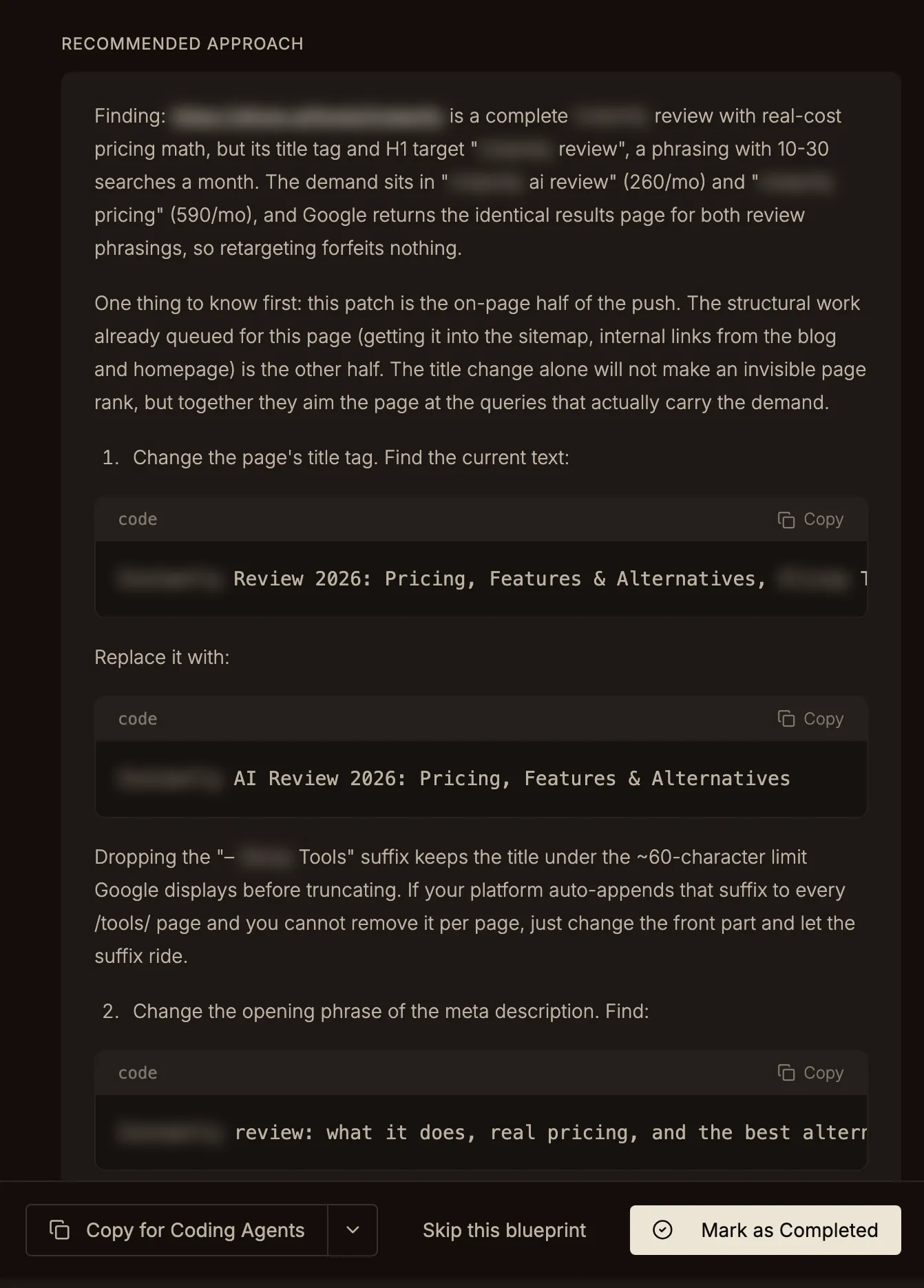 Rank-Hub Blueprint showing the recommended approach: why a review page's title aims at a phrasing almost nobody searches, then the exact current and replacement title and meta description to paste in